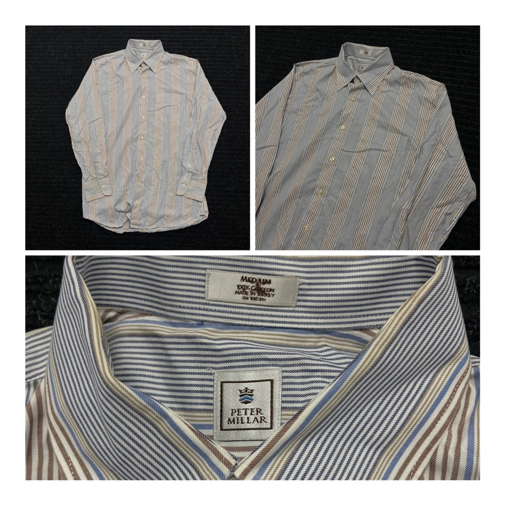Peter Millar Mens Medium Blue Brown Striped Cotton Button Down Shirt Long Sleeve
